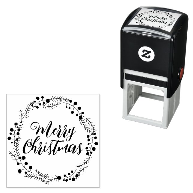 Merry Christmas custom script rustic wreath frame Self-inking Stamp (In Situ)