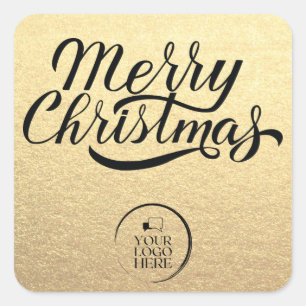 Merry Christmas Custom Simple Gold Business Logo Square Sticker