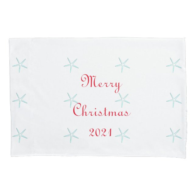 Merry Christmas Custom Starfish Picture Teal White Pillowcase (Front)