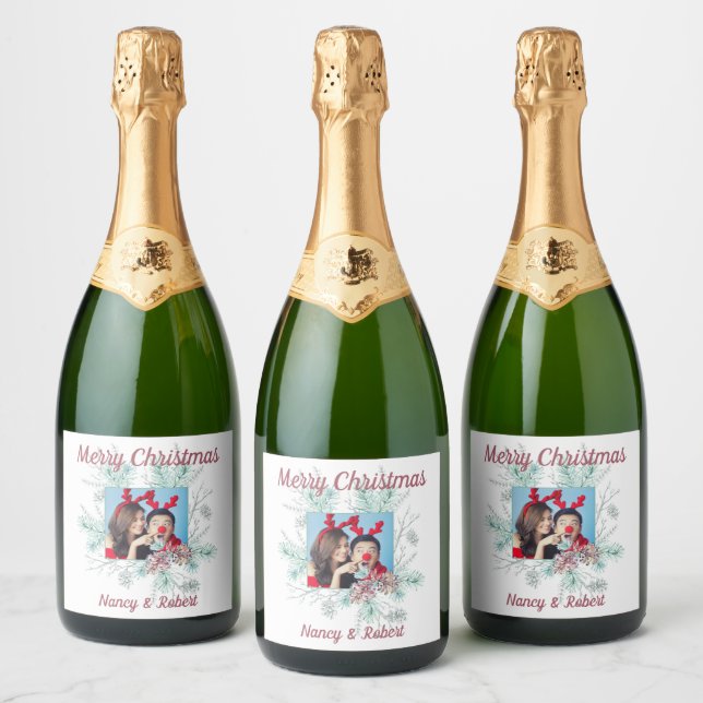 Merry Christmas Custom Text and Photo Sparkling Wine Label (Bottles)