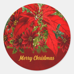 Merry Christmas Custom Text and Poinsettia Classic Round Sticker