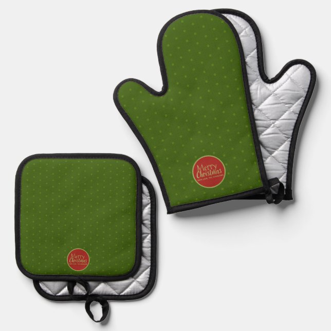Merry Christmas Custom Text Green Oven Mitt & Pot Holder Set (Front/Back)