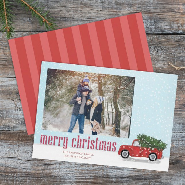 Merry Christmas Custom Traditional Red Truck Holiday Card (Merry Christmas cute holiday rustic red truck photo card with a simple photo on the back. )