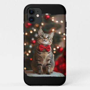 Merry Christmas Cut Cat with Christmas Tree Lights iPhone 11 Case