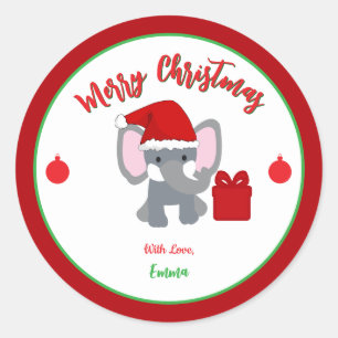 Merry Christmas Cute Baby Elephant Custom Name  Classic Round Sticker