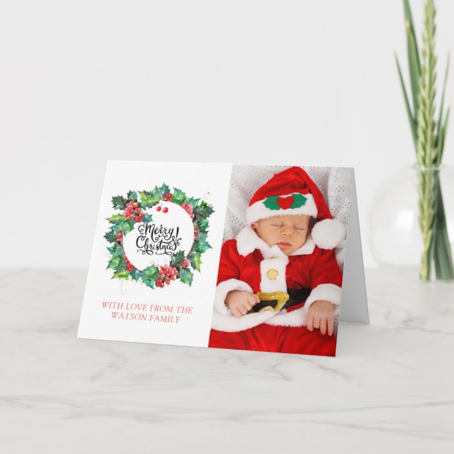 Merry Christmas Cute Baby in Santa Costume Photo Holiday Card (Front)