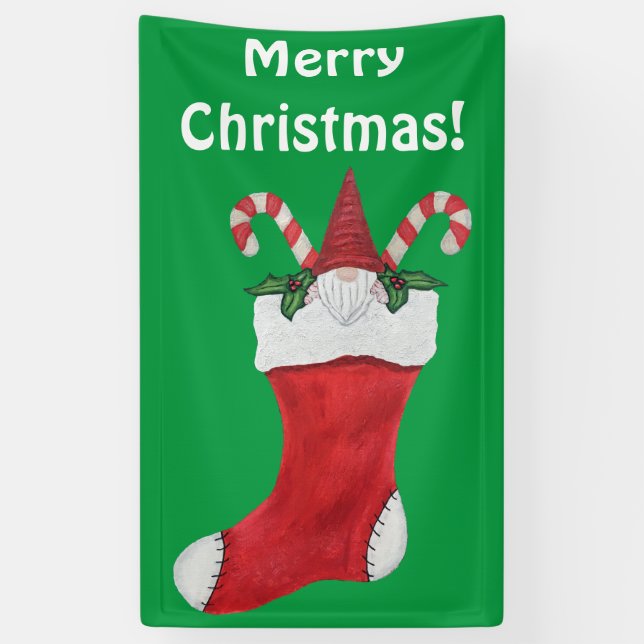Merry Christmas Cute Bearded Gnome in Stocking Banner (Vertical)