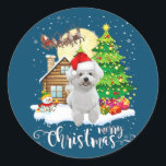 Merry Christmas Cute Bichon Frise Santa With Xmas Classic Round Sticker<br><div class="desc">Merry Christmas Cute Bichon Frise Santa With Xmas</div>