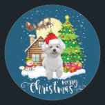 Merry Christmas Cute Bichon Frise Santa With Xmas Classic Round Sticker<br><div class="desc">Merry Christmas Cute Bichon Frise Santa With Xmas</div>