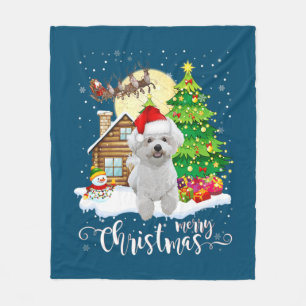 Merry Christmas Cute Bichon Frise Santa With Xmas Fleece Blanket