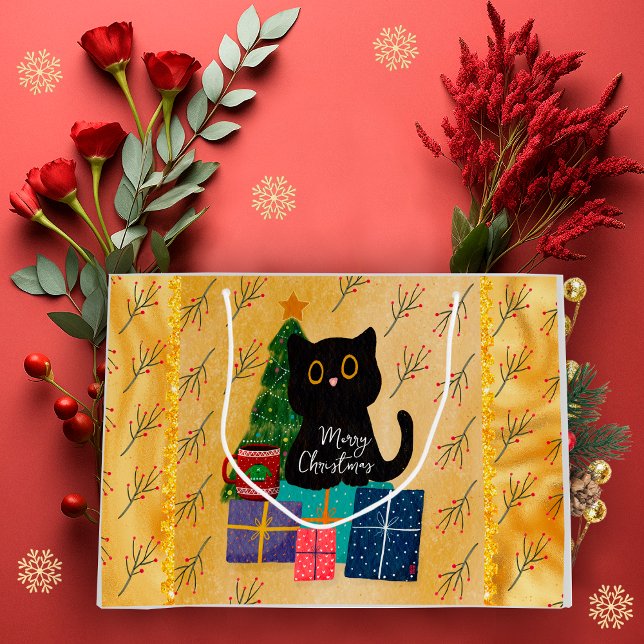 Merry Christmas Cute Black Cat Coffee Orange Gold Large Gift Bag (Creator Uploaded)