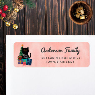 Merry Christmas Cute Black Cat Pink Return Address