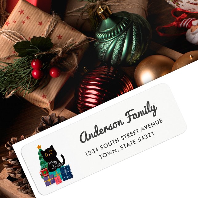 Merry Christmas Cute Black Cat Return Address (Creator Uploaded)