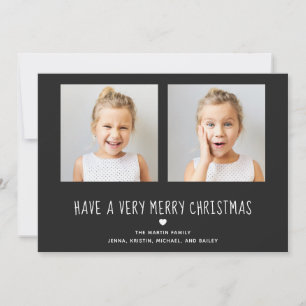 Merry Christmas   Cute Black with Heart Two Photo Holiday Card