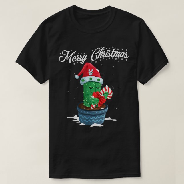 Merry Christmas Cute Cactus Santa Hat Candy Cane X T-Shirt (Design Front)