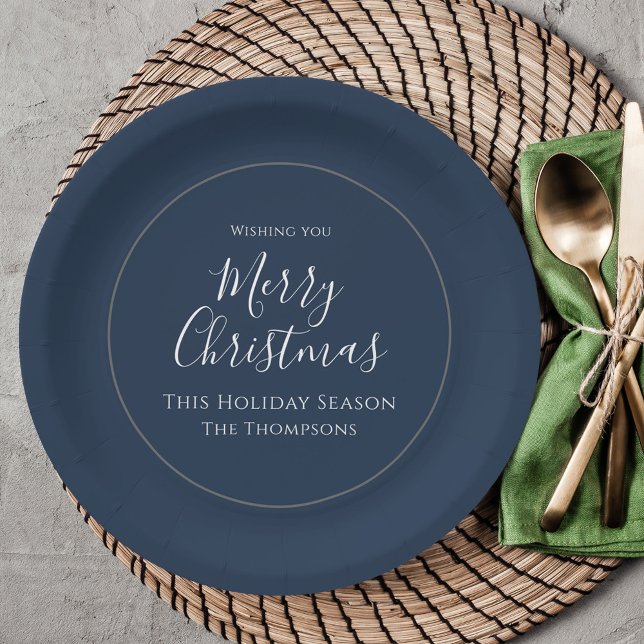 Merry Christmas Cute Calligraphy Simple Navy Blue Paper Plate (Simple Merry Christmas cute navy blue and white calligraphy script paper plate)