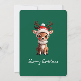 Merry Christmas, Cute Cartoon Deer, Green colourin Holiday Card