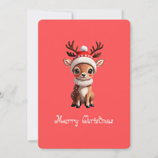Merry Christmas, Cute Cartoon Deer, Red colouring Holiday Card