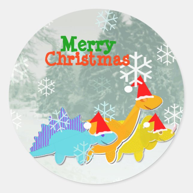 Merry Christmas Cute Cartoon Dinosaurs Stickers (Front)