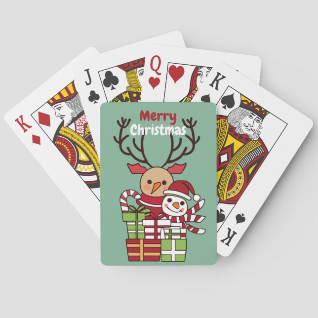 Merry Christmas cute cartoon reindeer snowman gift Playing Cards (Back)