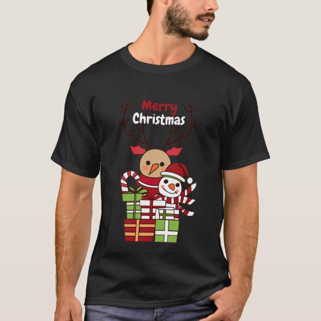 Merry Christmas cute cartoon reindeer snowman gift T-Shirt (Front)
