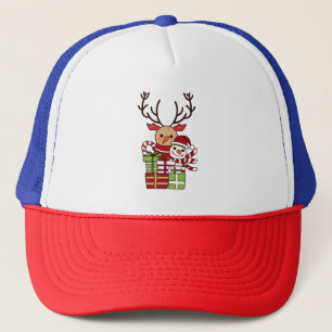 Merry Christmas cute cartoon reindeer snowman gift Trucker Hat