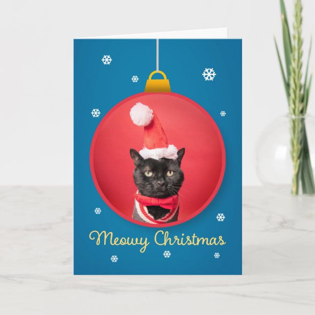 Merry Christmas Cute Cat in Santa Hat on Ornament Holiday Card (Front)