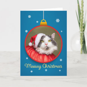 Merry Christmas Cute Cat in Santa Hat on Ornament Holiday Card