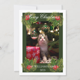 Merry Christmas Cute Cat Pet Photo Watercolor Holiday Card