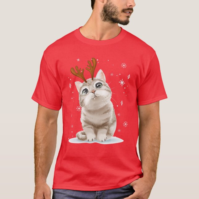 Merry Christmas Cute Cat Reindeer Matching Family T-Shirt (Front)
