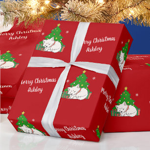Merry Christmas Cute Cat Tree Red Vintage Wrapping Paper