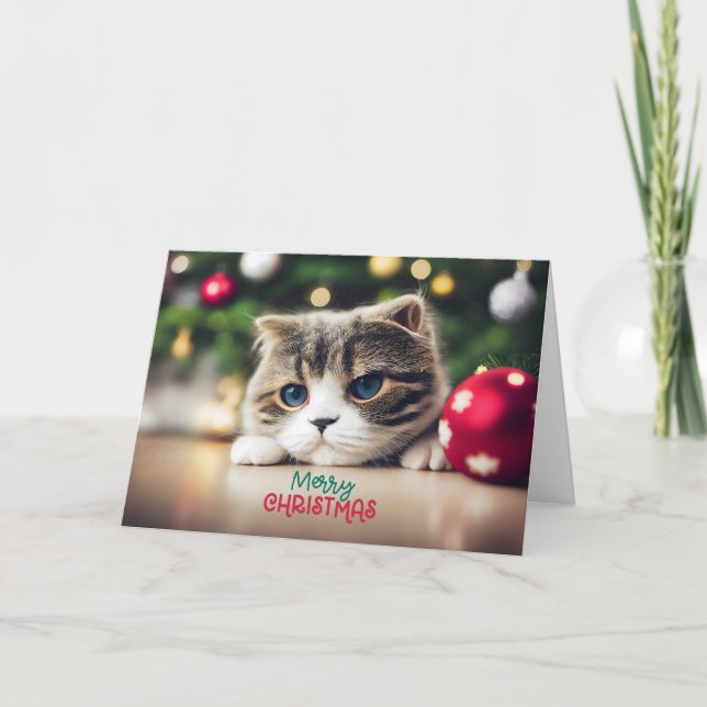 Merry Christmas Cute Cat with Blue Eyes  Card (Front)