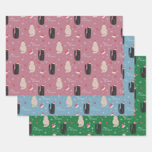 Merry Christmas Cute Cats Pink, Blue, Green Wrapping Paper Sheet