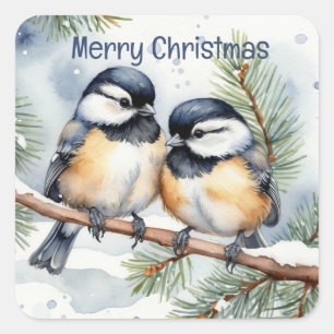 Merry Christmas Cute Chickadee Birds Square Sticker