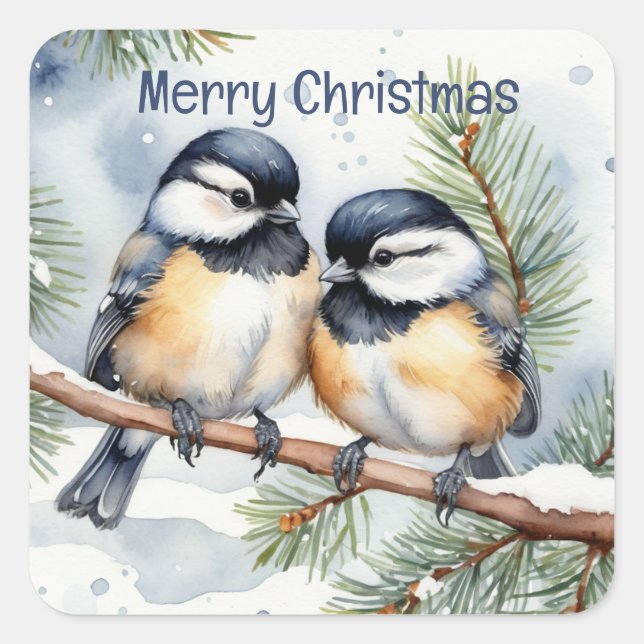 Merry Christmas Cute Chickadee Birds Square Sticker (Front)