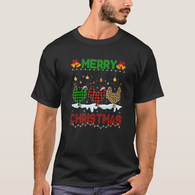 Merry Christmas Cute Chicken Xmas Leopard Plaid Sa T-Shirt (Front)