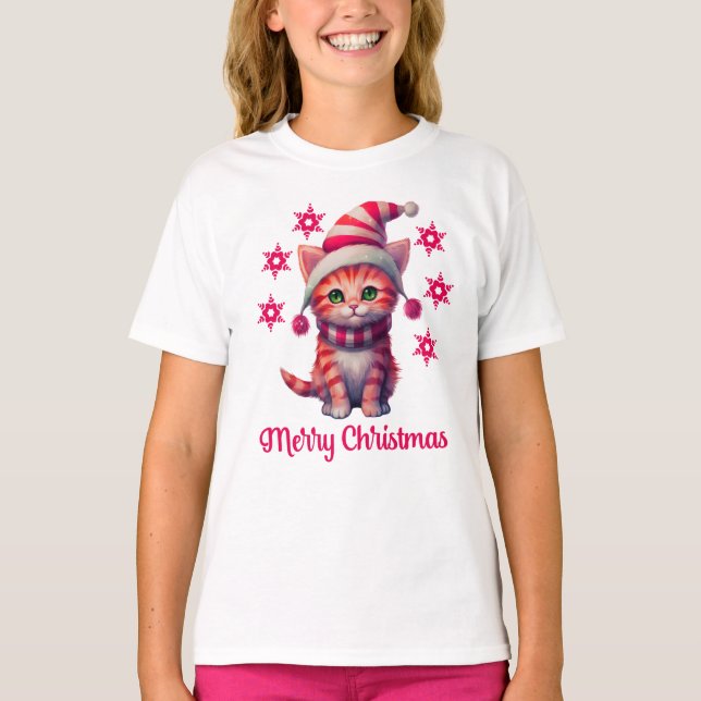 Merry Christmas Cute Christmas Cat T-Shirt (Front)