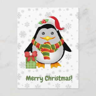 Merry Christmas Cute Christmas Penguin and Present Postcard