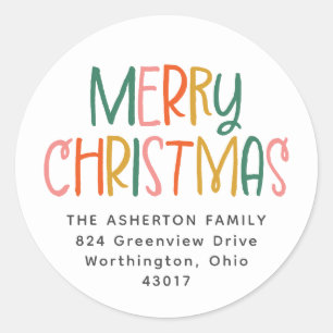 Merry Christmas cute colourful fun return address Classic Round Sticker