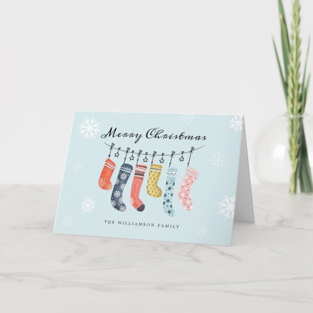 Merry Christmas | Cute Colourful Stockings Hanging Holiday Card (Front)