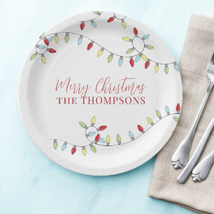 Merry Christmas Cute Colourful String Lights Paper Plate