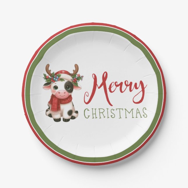 Merry Christmas cute cow  Paper Plate (Front)