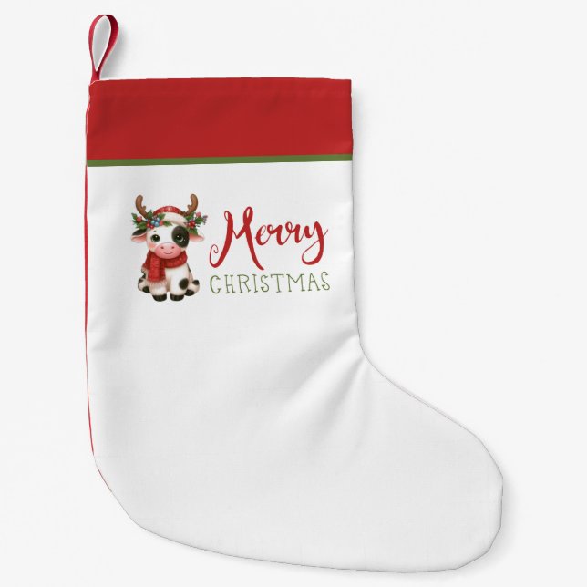 Merry Christmas cute cow  Small Christmas Stocking (Front)