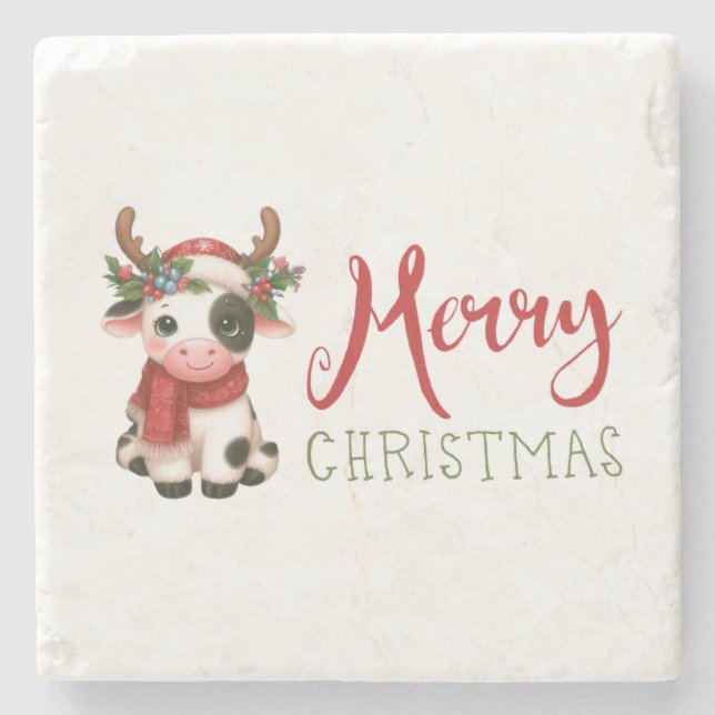 Merry Christmas cute cow  Stone Coaster (Front)