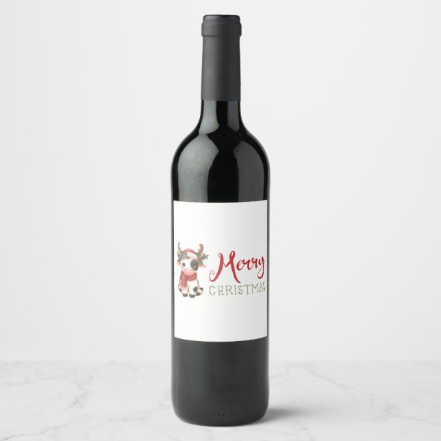 Merry Christmas cute cow  Wine Label (Front)