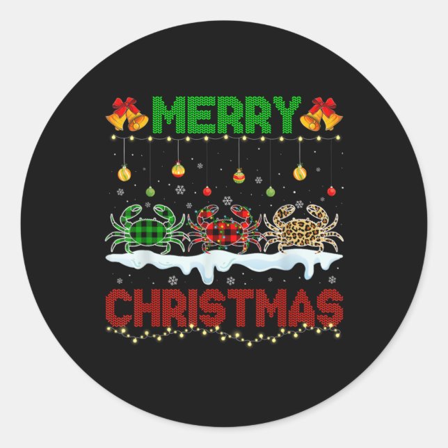 Merry Christmas Cute Crab Xmas Leopard Plaid Santa Classic Round Sticker (Front)