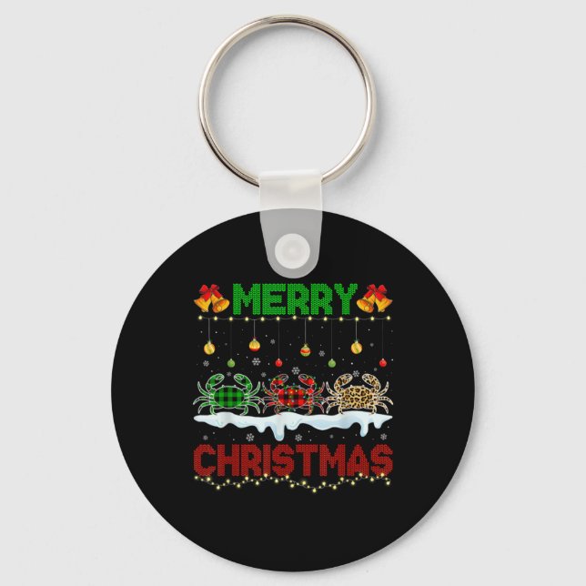 Merry Christmas Cute Crab Xmas Leopard Plaid Santa Key Ring (Front)