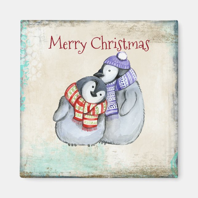 Merry Christmas Cute Cuddling Penguins Magnet (Front)
