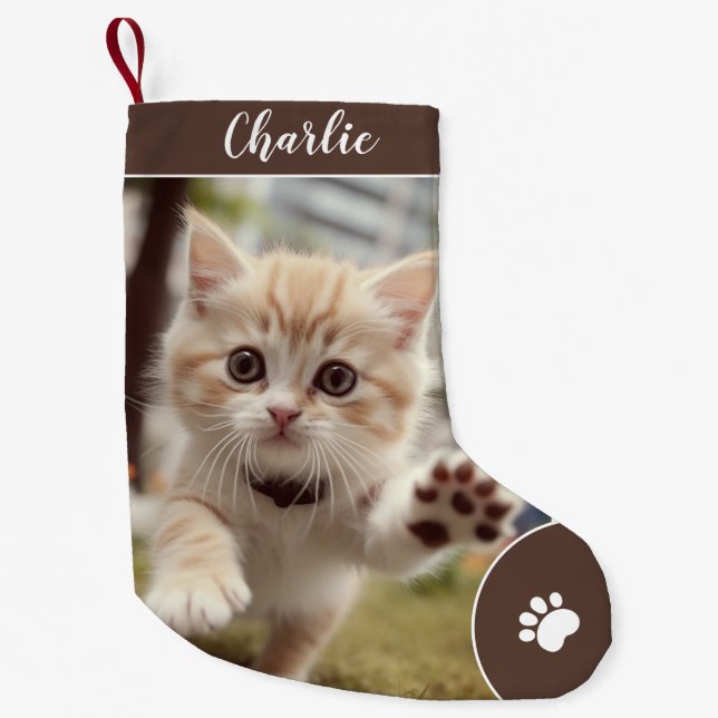 Merry Christmas Cute Custom Pet Name, Photo Brown Small Christmas Stocking (Front)