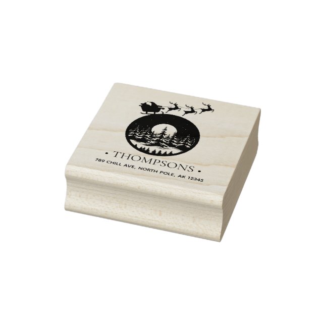 Merry Christmas Cute Custom Santa Sleigh and Trees Rubber Stamp (Stamp)